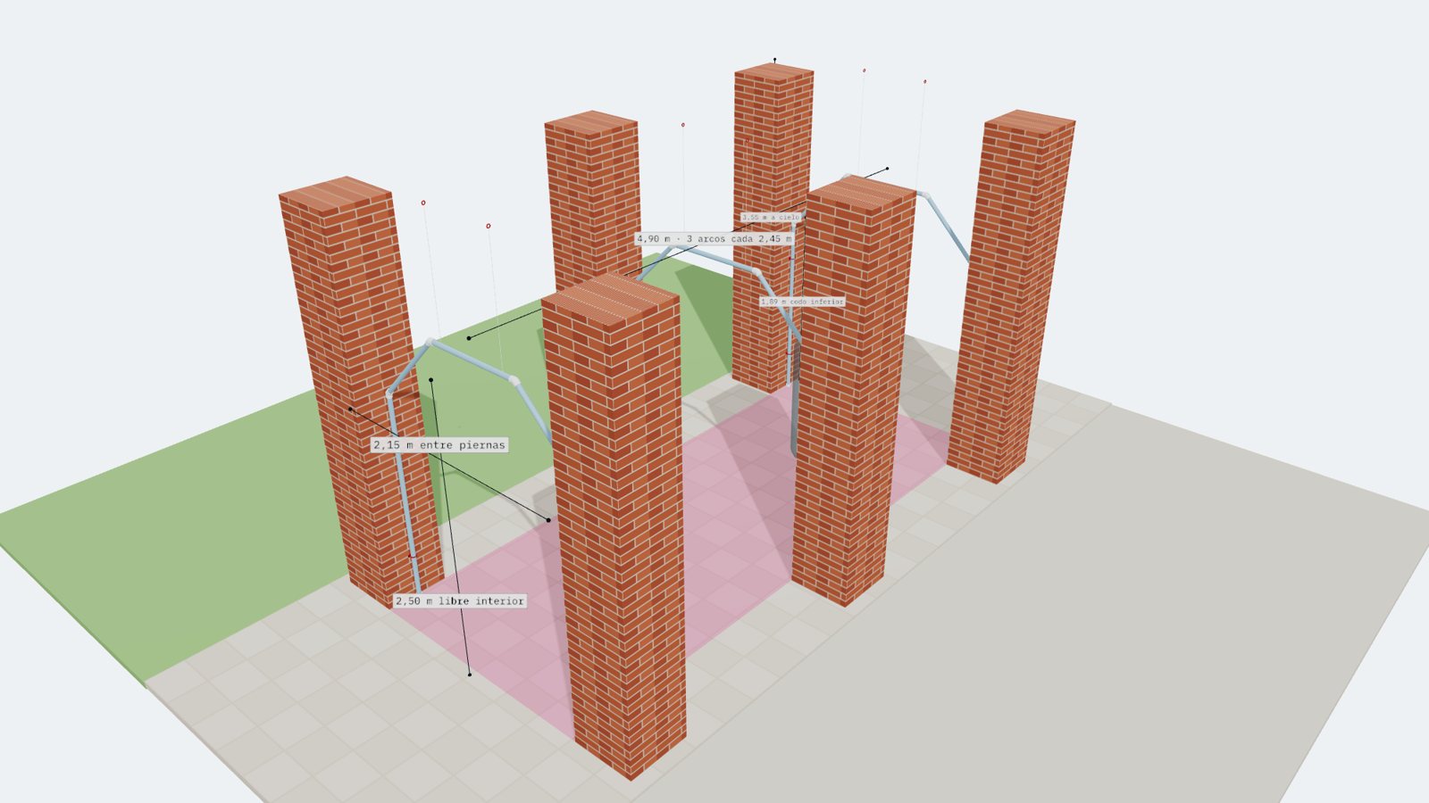Vista 3D isométrica de los tres arcos entre los pilares