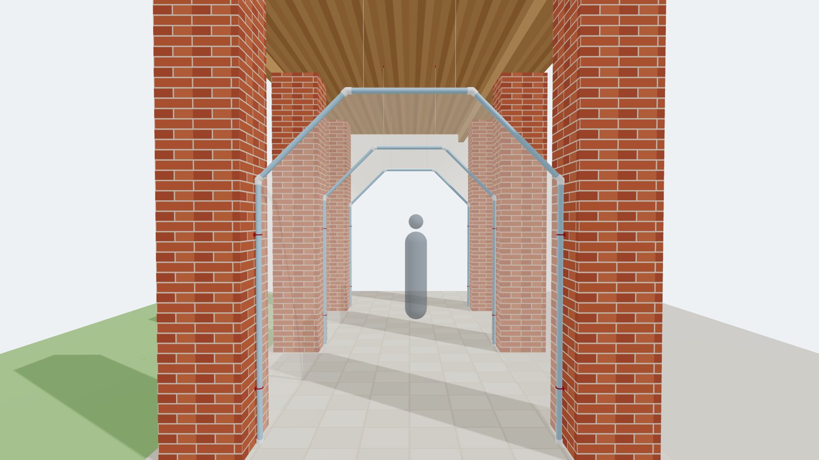 Vista 3D de la entrada, con las telas de referencia