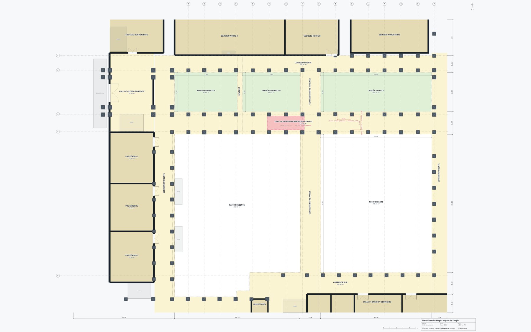 Plano del colegio con la zona de intervención marcada en el corredor central